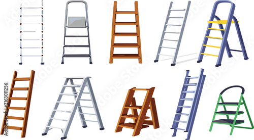 Ladder and Stepladder Vector Icons Set with Flat Construction Folding and Extension Ladders for Home Improvement and Carpentry