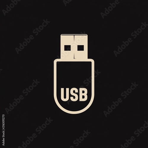 Minimalist USB Flash Drive Vector Icon on Black Background. Simple Beige USB Stick Symbol for Digital Data Storage and Technology Concepts.