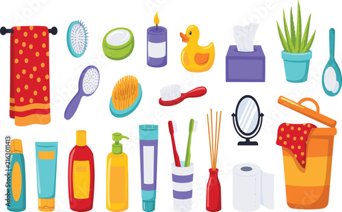 Bathroom Accessories and Self Care Vector Icons Set with Flat Hygiene Elements featuring Shampoo Bottles Towel Laundry Hamper and Toothbrushes
