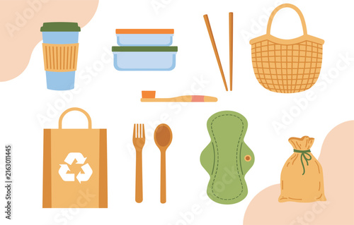 Zero Waste Lifestyle Vector Set with Eco Friendly Reusable Products featuring Glass Food Containers Wooden Cutlery Straw Tote Bag and Recycled Paper Bag