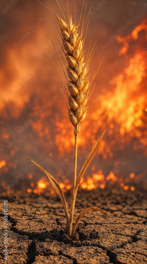 Fototapeta premium Golden wheat stalk standing in parched soil against backdrop of raging wildfire. Agricultural crisis and environmental disaster concept.