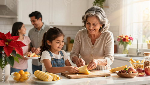 Hispanic Family Preparing Tamales for Las Posadas Holiday
