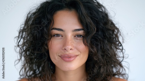 Direct gaze head-and-shoulders shot of a smiling woman with curly dark hair in a clean white studio backdrop