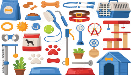 Pet Care and Supply Vector Icons Set with Flat Dog and Cat Accessories featuring Pet House Carrier Food Bowls Leash and Grooming Brush