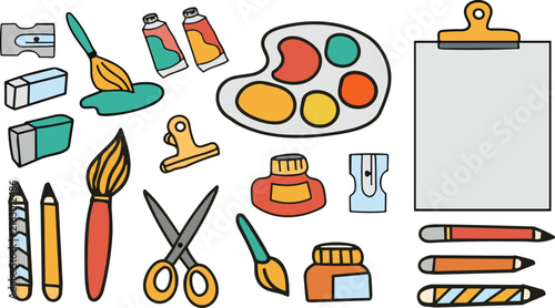 Hand Drawn Art Supplies Vector Elements Set with Paint Brushes Palette Color Tubes Clipboard Scissors and Erasers
