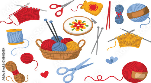 Hand Drawn Knitting and Crafting Vector Elements Set with Colorful Yarn Balls Scissors Embroidery Hoop and Needles
