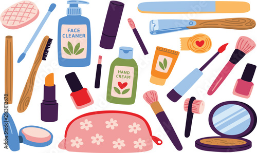 Hand Drawn Cosmetics and Skincare Vector Elements Set with Makeup Bag Face Cleaner Lipstick Nail Polish and Brushes