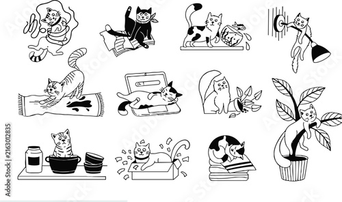 Naughty Cats Doodles Vector Illustration Set with Funny Kittens Making Mess Tipping Plants Scratching Carpets and Playing in Boxes