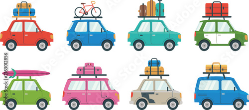 Road Trip Cars Vector Set with Flat Family Sedans and SUVs Carrying Luggage Bicycle and Surfboard on Roof Racks