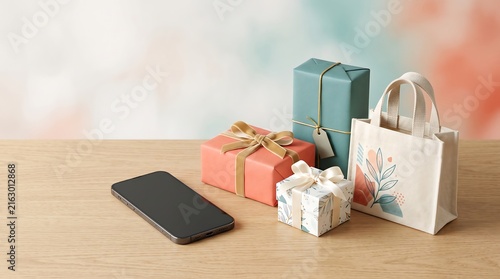 Smartphone beside wrapped gifts and a floral tote bag on a wooden surface.