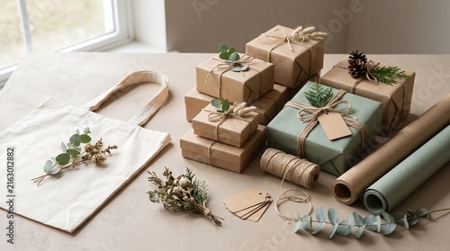 Gift boxes wrapped in kraft paper with twine and pine sprigs arranged on a light surface.