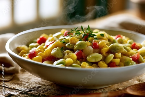 Domestic dinner idea: hearty succotash with corn and lima beans in a cozy kitchen scene