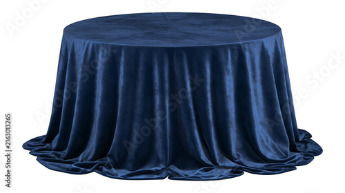 Round table covered with dark blue velvet tablecloth