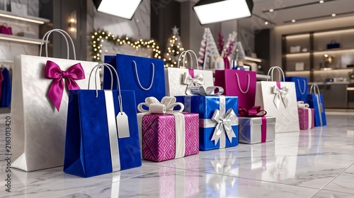 Gift bags and boxes arranged in a retail store display with festive holiday decorations.