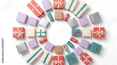 Colorful gift boxes arranged in a circular pattern on a white background