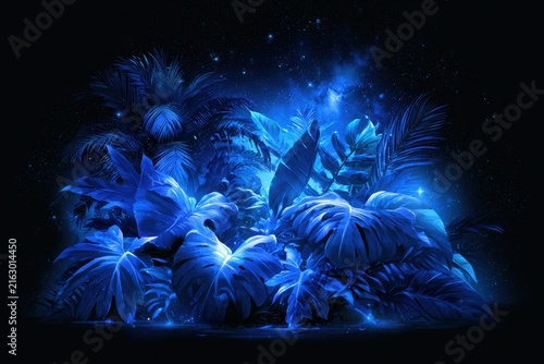 Dreamlike botanical art: tropical leaves in blue hues on a space backdrop