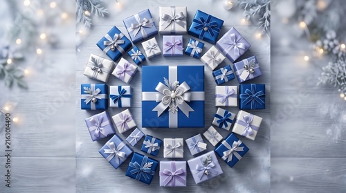 Gift boxes arranged in a circular pattern with silver snowflake decorations on a light wooden