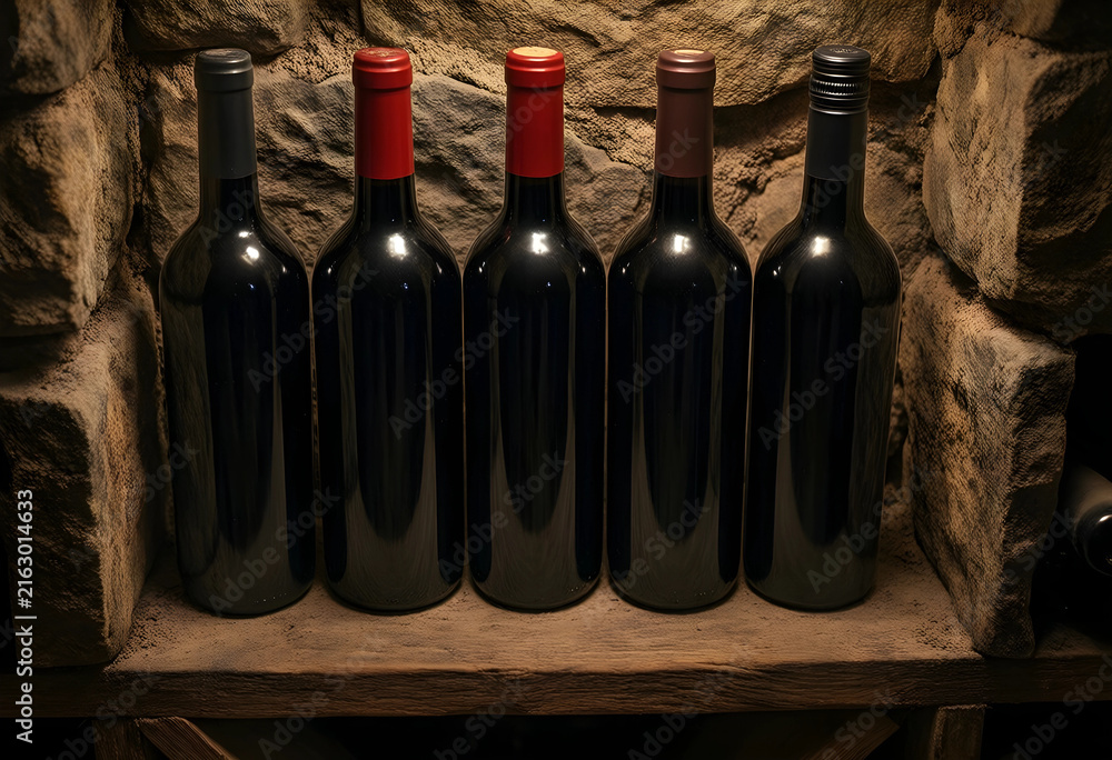 Naklejka premium Wine cellar storage and aging process, five dark red wine bottles on a dusty wooden shelf in a stone wall