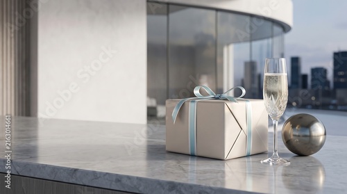 Champagne glass and gift box resting on a marble surface with a city skyline in the background
