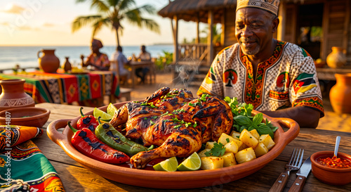Mozambican Piri Piri Chicken with Cassava and Coastal Cultural Setting