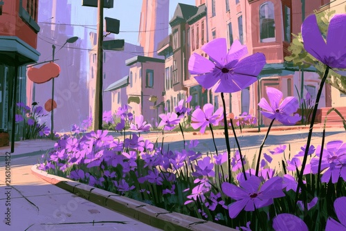 Dreamlike urban bouquet: tall, bendy buildings and vibrant purple flowers on Fifth Street