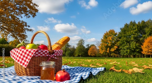 Picnic basket with fresh fruit and bread on a blanket in a sunny autumn park landscape.
