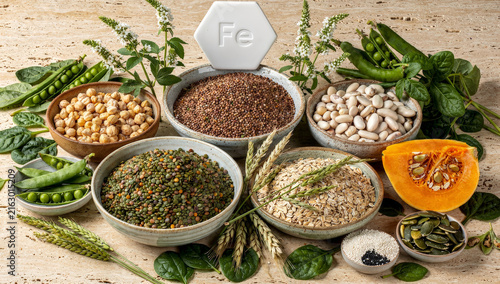 Iron rich foods including lentils beans chickpeas seeds spinach and pumpkin arranged in ceramic bowls on a textured rustic surface with natural light