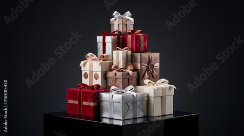 Stacked gift boxes with ribbons and bows arranged in a pyramid on a dark surface.