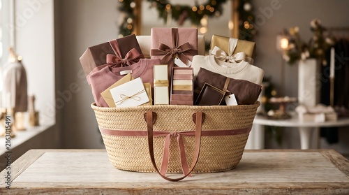 Gift boxes arranged in a woven basket on a wooden table, decorated with festive greenery and candles