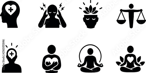 Mental Health and Wellness Icon Set: Black Glyphs for Mindfulness, Meditation, Psychology, Stress Management, Self-Care, Emotional Balance, Yoga, Therapy, and Holistic Wellbeing Concepts.