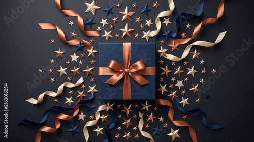 Gift box decorated with gold ribbons and star confetti scattered on a dark blue surface