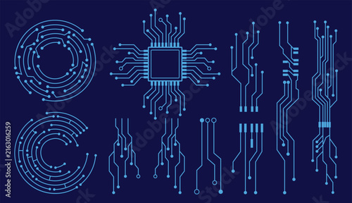 Foto Blue circuit board technology elements set vector illustration