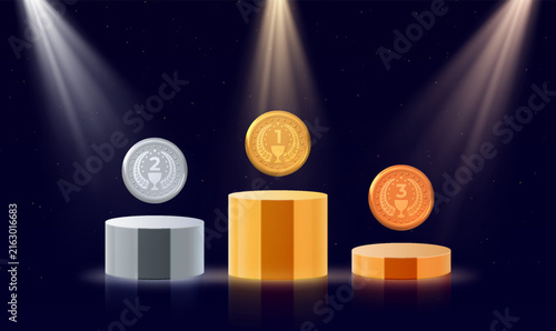 Gold, Silver and Bronze winner award medals on pedestal scene dark background and spotlight 3D vector realistic ceremony
