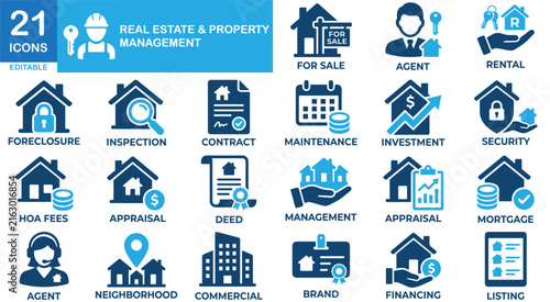 Real estate solid icon set. Property management, rentals, leasing. Vectors for housing apps.