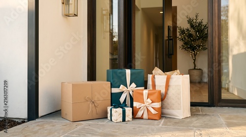 Wrapped gifts arranged on a porch near a glass door, decorated with ribbons and bows for a festive