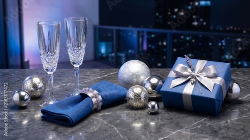 Elegant champagne glasses standing beside a wrapped gift with silver ornaments on a marble surface