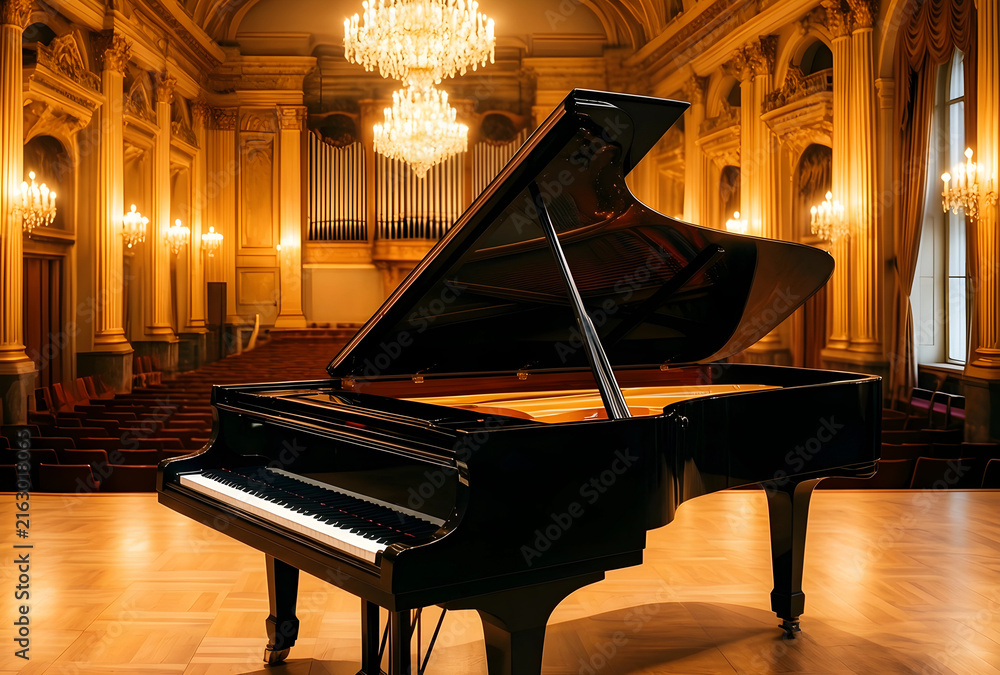 Fototapeta premium Classical music performance and grand concert hall, elegant piano on stage with ornate architecture and chandeliers