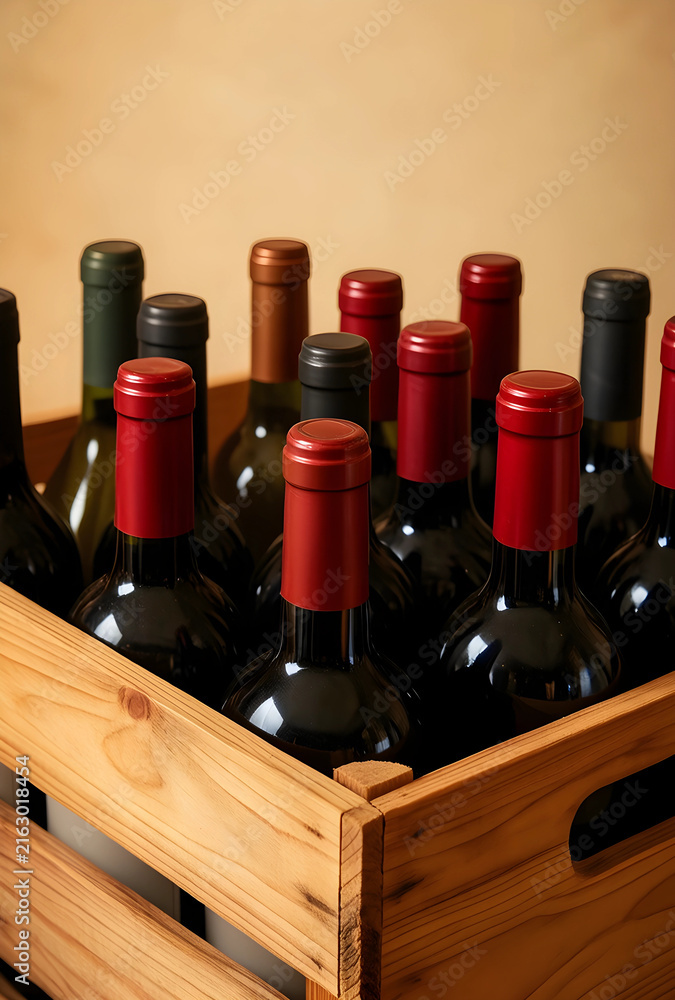 Naklejka premium Wine bottles in a wooden crate wine tasting and cellar storage beverage industry and retail close up of red and green caps