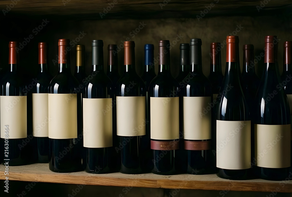 Naklejka premium Wine cellar collection, red wine bottles with blank labels on a wooden shelf, luxury beverage and tasting