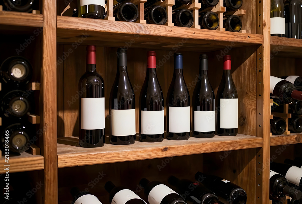 Naklejka premium Wine cellar storage and collection, red wine bottles with blank labels on wooden shelves, luxury beverage and tasting