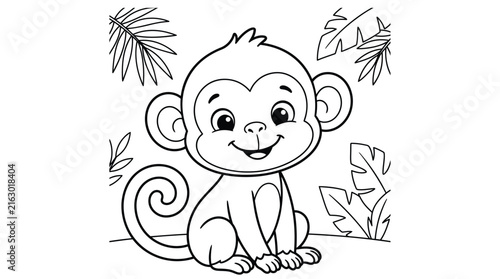 Canvas Print Adorable baby monkey sitting and smiling with leaves in a simple black and white