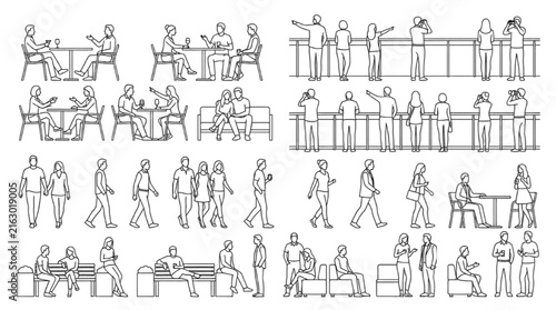 People Sitting Cafe Bench Railing CAD Architectural Scale Figures Line Drawing
