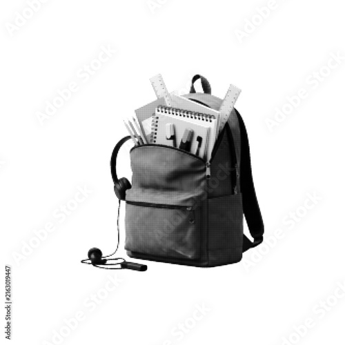 Vintage halftone illustration of a school backpack filled with books, notebook and stationery supplies, isolated on white background for education and student themes.