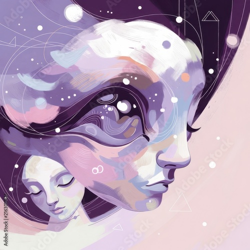 Pastel surreal profile with layered abstract faces, geometric lines and floating shapes on pink background