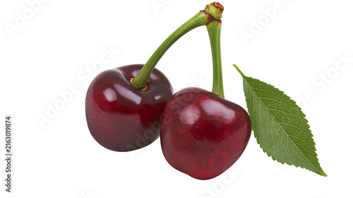Фотография Two dark red cherries with green stems and one leaf