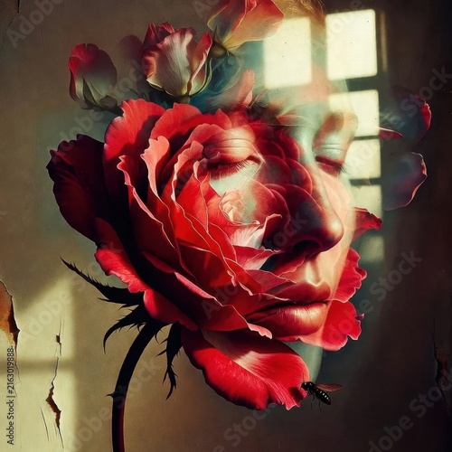 Surreal female profile blended with a large red rose and petals in dramatic window light