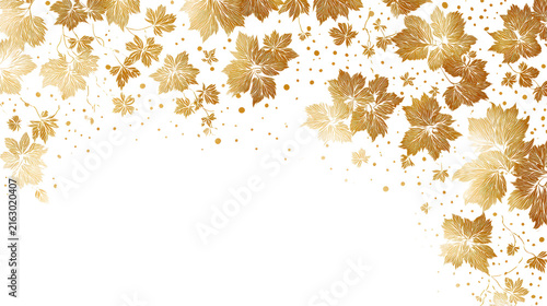 Gold botanical leaf border frame with scattered confetti dots and wide copy space