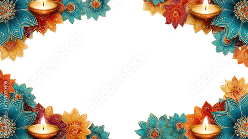 Ornate floral mandala border with glowing oil lamps festive invitation frame on transparent background