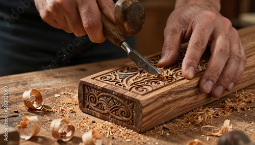 Woodcarver Chiseling Intricate Wooden Pattern
