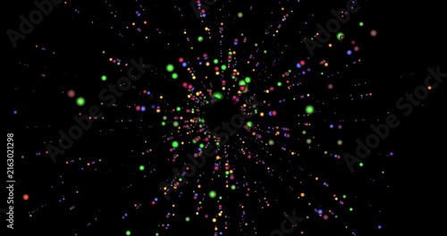 Colorful glowing circles and particles bursting outward in dark space burst explosion effect